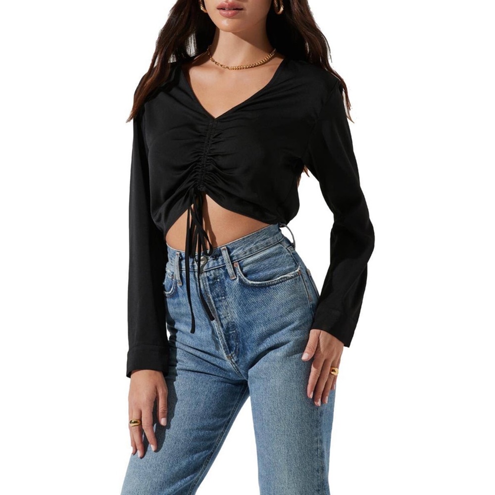 ASTR the Label Womens Satin Shirred Black Blouse, size L